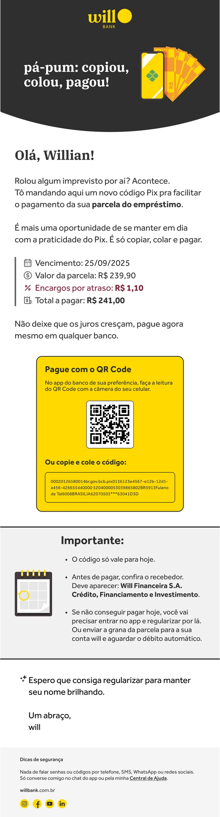 E-mail de dois dias depois do vencimento: título “pá-pum: copiou, colou, pagou!”, a abertura “Rolou algum imprevisto por aí? Acontece.”, vencimento, valor da parcela, encargos por atraso de R$ 1,10 e total a pagar de R$ 241,00, o bloco “Pague com o QR Code” em amarelo, avisos sobre validade do código, recebedor e o que fazer se não conseguir pagar hoje, e o fecho “Espero que consiga regularizar para manter seu nome brilhando”.