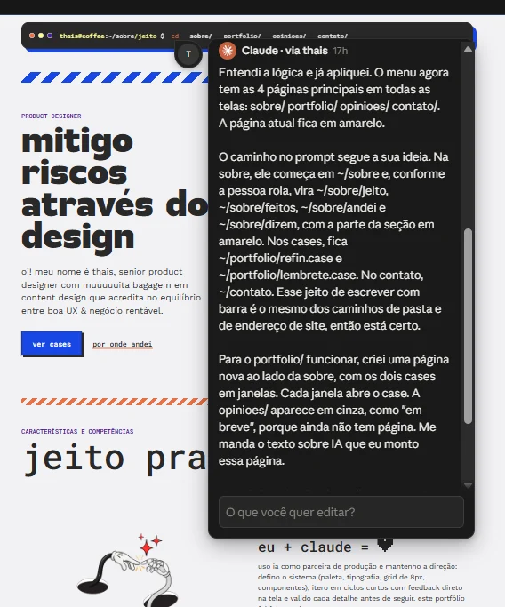 Resposta do Claude na mesma thread: aplicou as 4 páginas principais no menu, com a página atual em amarelo, e o caminho no prompt mudando conforme a rolagem