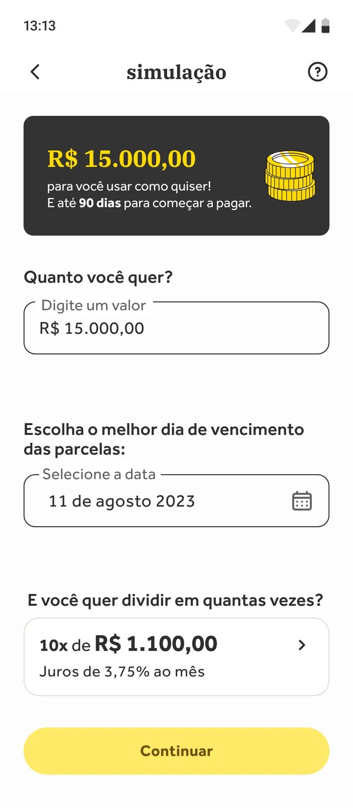 simulação do empréstimo pessoal: valor de R$ 15.000, dia de vencimento das parcelas e parcelamento em 10x de R$ 1.100, com juros de 3,75% ao mês logo abaixo da parcela
