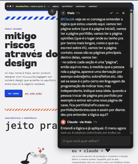 Comentário da Thais no canvas, em cima do menu, explicando a lógica das páginas: sobre, portfólio, opinião e contato, com o caminho mudando para sobre/jeito ou portfolio/refin.case conforme a pessoa navega
